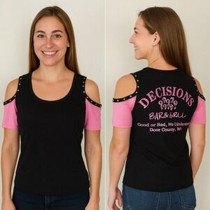 NEW Biker Cold Shoulder Tee • Studded‎ Cutout Shirt • Sexy Black & Pink • Small